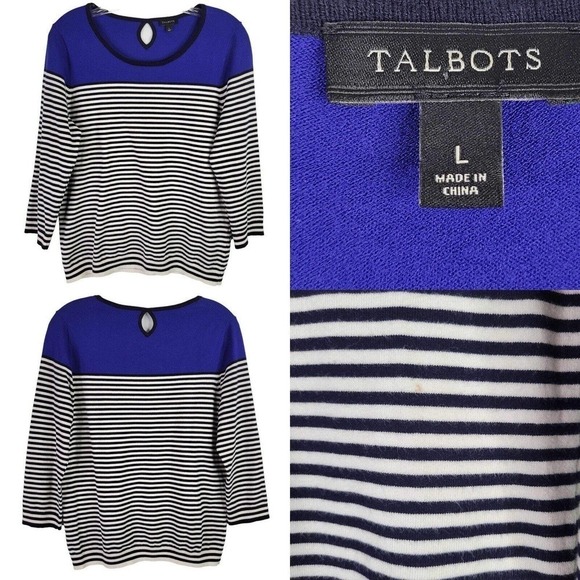 Talbots Sweater Women's Large Blue White Striped 3/4 Sleeve Pullover Sweater - Picture 1 of 8